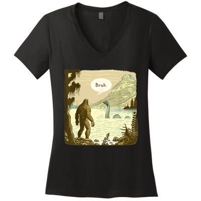 Funny Bigfoot Sasquatch Loch Ness Monster Introvert Bruh Women's V-Neck T-Shirt