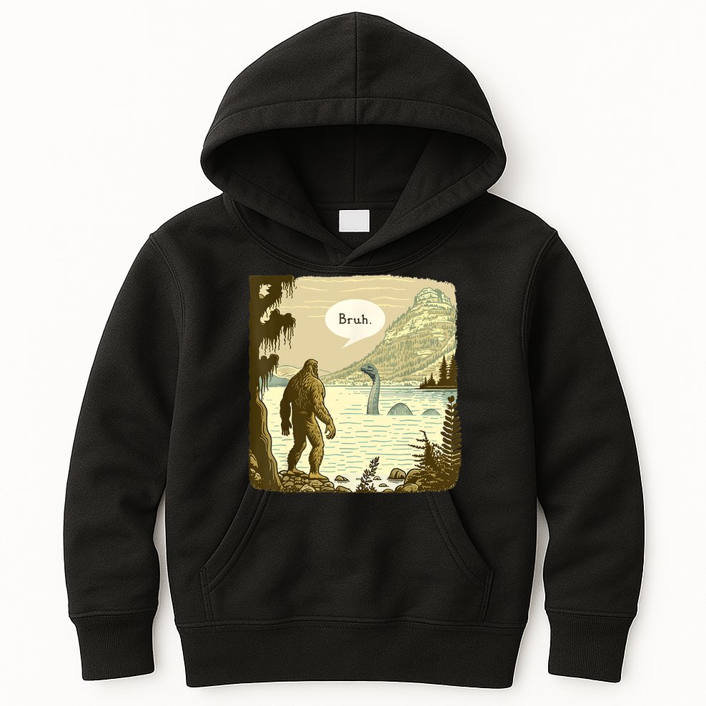 Funny Bigfoot Sasquatch Loch Ness Monster Introvert Bruh Kids Hoodie