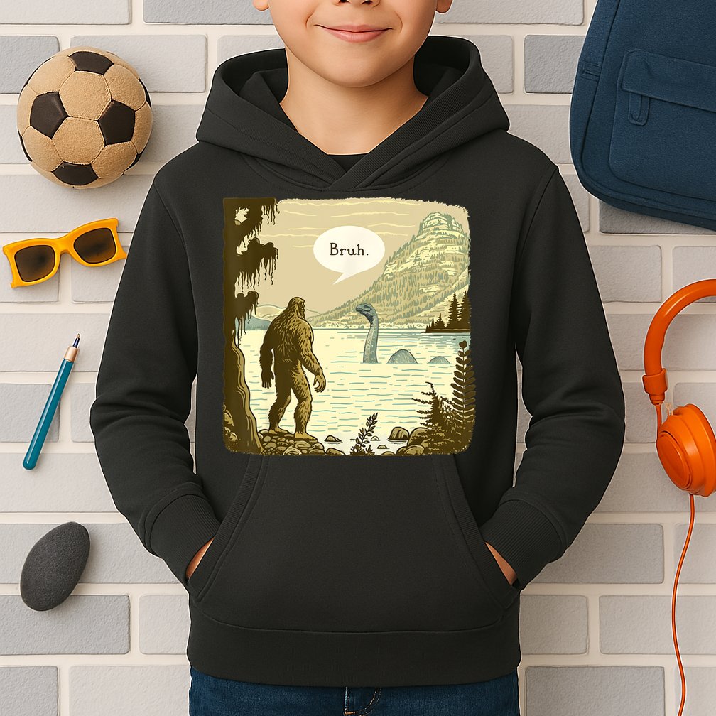 Funny Bigfoot Sasquatch Loch Ness Monster Introvert Bruh Kids Hoodie