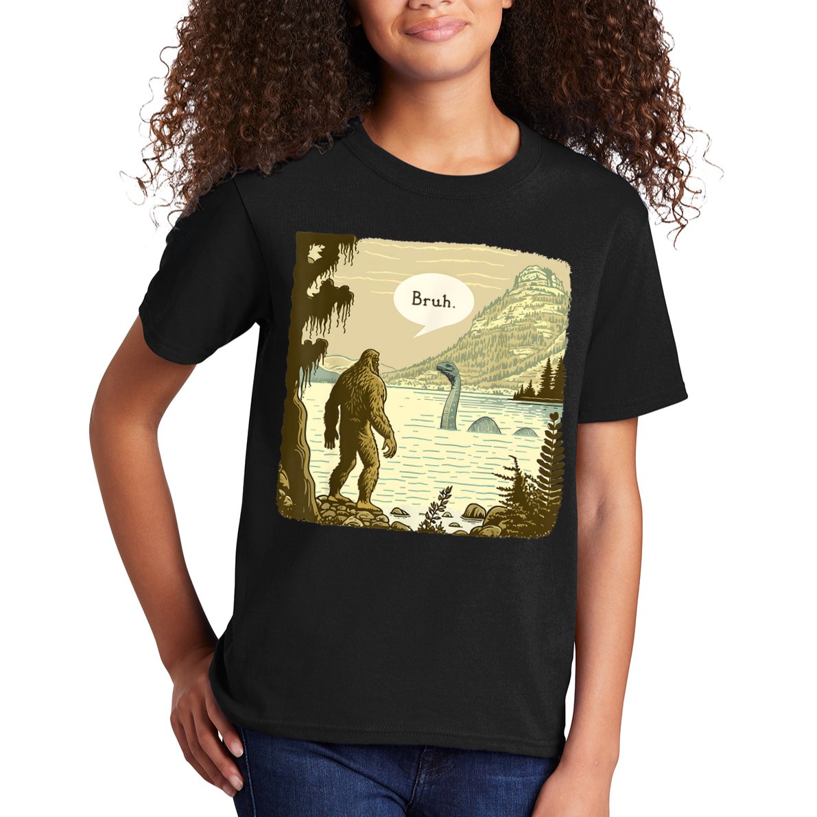 Funny Bigfoot Sasquatch Loch Ness Monster Introvert Bruh Kids T-Shirt