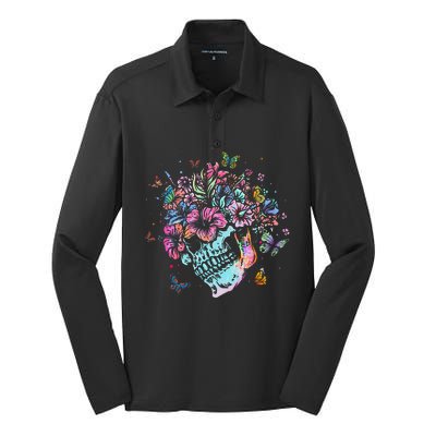 Floral Butterfly Skull Funny Halloween Costume Hippie Flower Silk Touch Performance Long Sleeve Polo