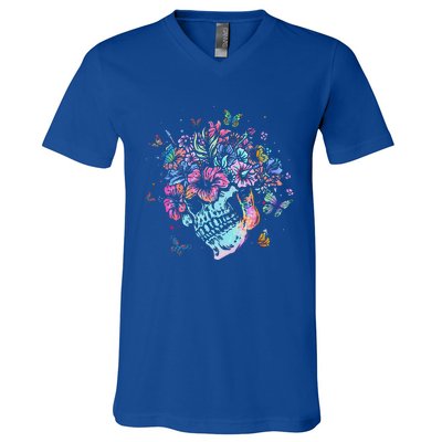 Floral Butterfly Skull Funny Halloween Costume Hippie Flower V-Neck T-Shirt