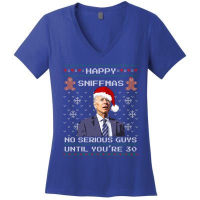 Funny Biden Sniffing Ugly Christmas Sweater Xmas Political Cool Gift Women's V-Neck T-Shirt