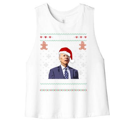 Funny Biden Sniffing Ugly Christmas Sweater Xmas Political Cool Gift Women's Racerback Cropped Tank