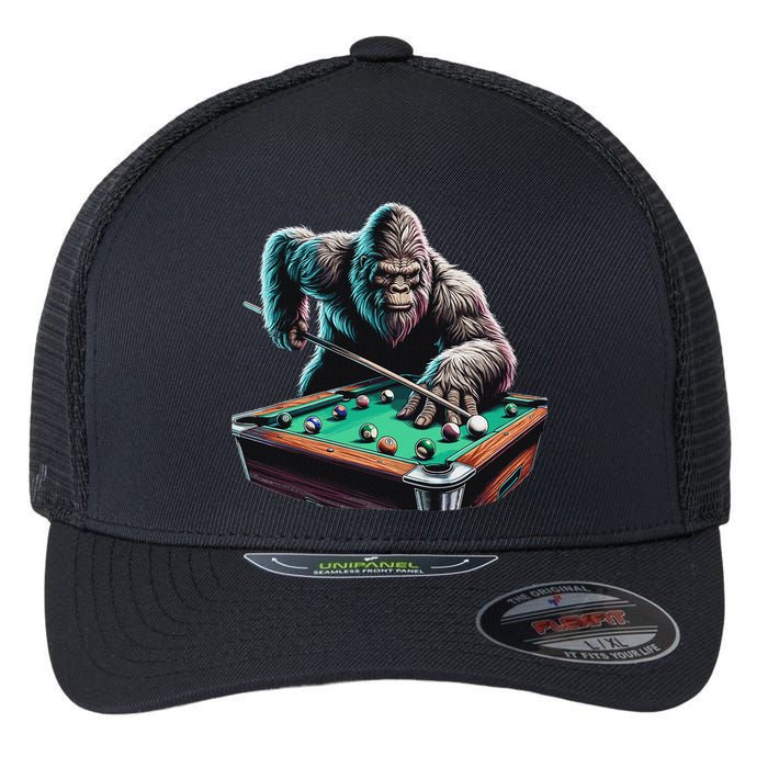 Funny Bigfoot Sasquatch Billiards Pool Player Flexfit Unipanel Trucker Cap