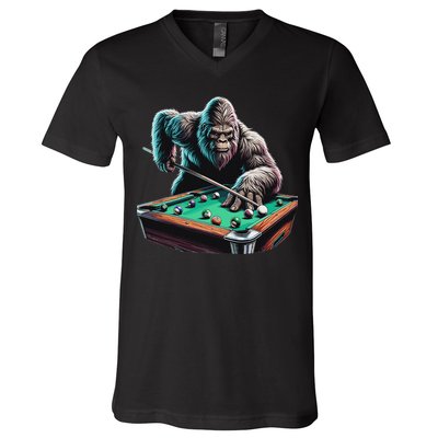 Funny Bigfoot Sasquatch Billiards Pool Player V-Neck T-Shirt