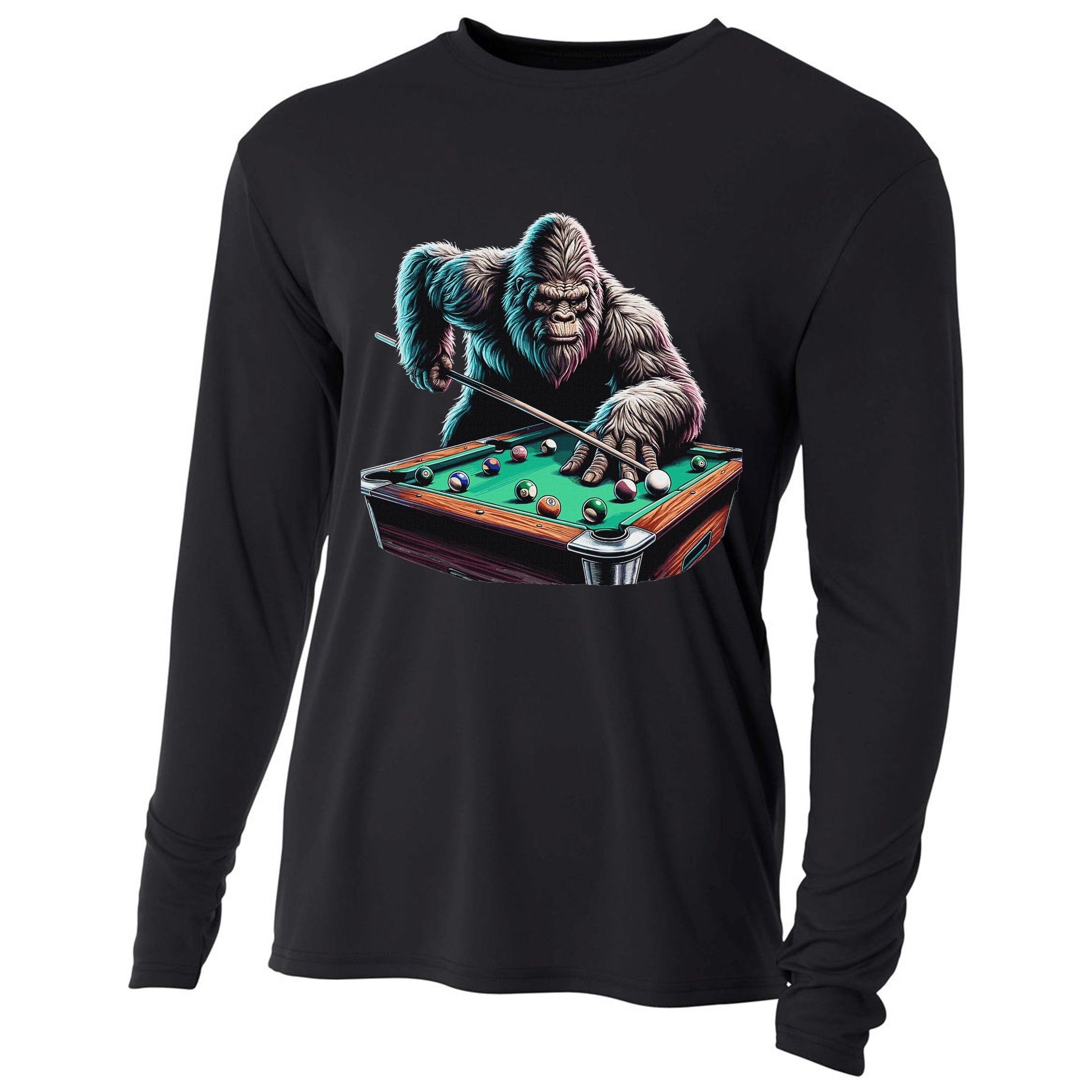 Funny Bigfoot Sasquatch Billiards Pool Player Cooling Performance Long Sleeve Crew