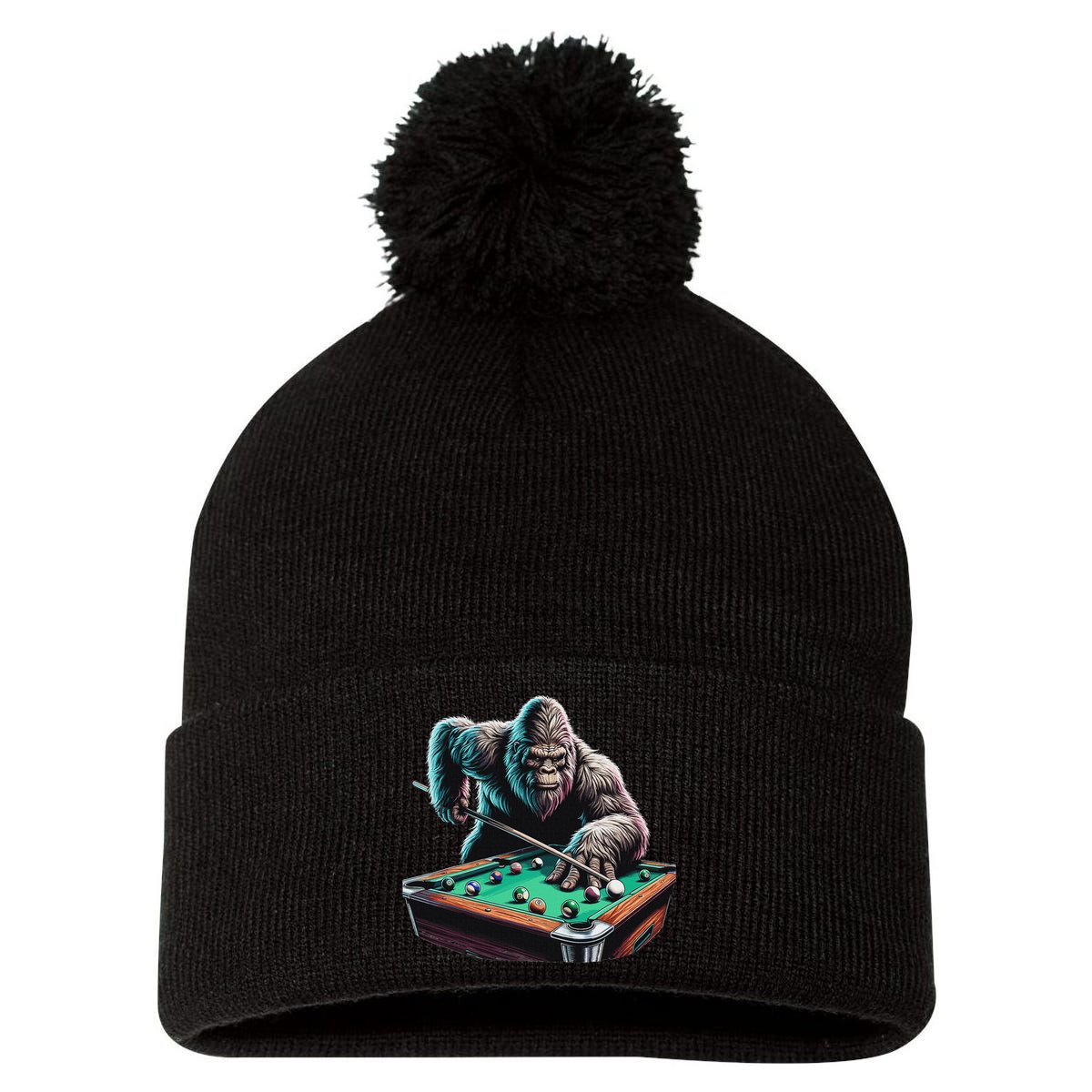 Funny Bigfoot Sasquatch Billiards Pool Player Pom Pom 12in Knit Beanie
