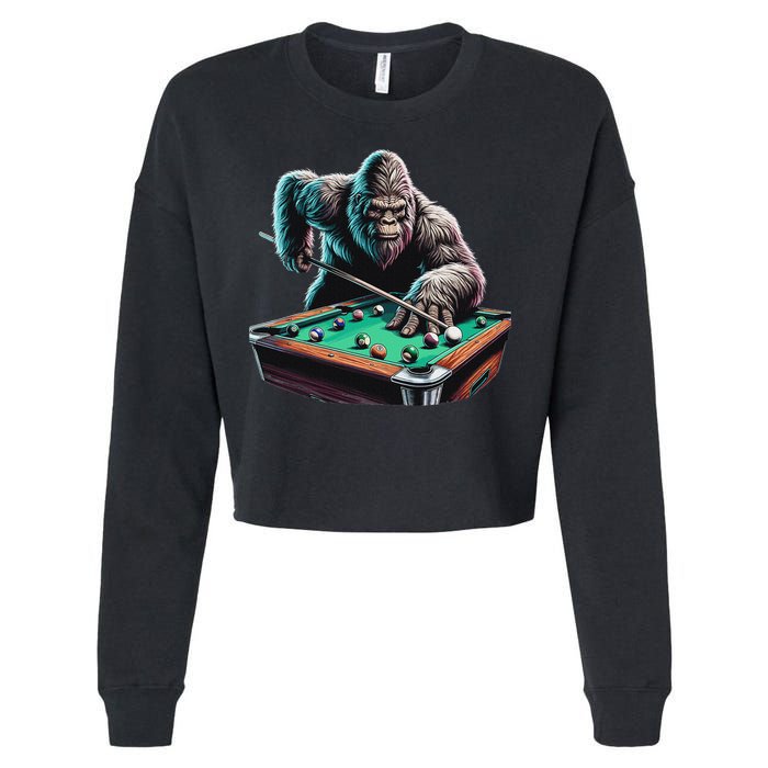 Funny Bigfoot Sasquatch Billiards Pool Player Cropped Pullover Crew