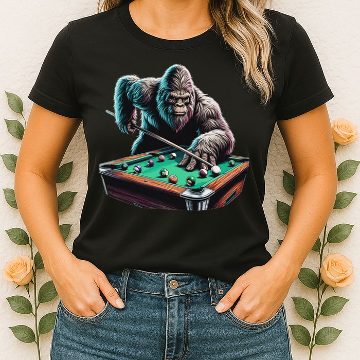 Funny Bigfoot Sasquatch Billiards Pool Player Womens T-Shirt