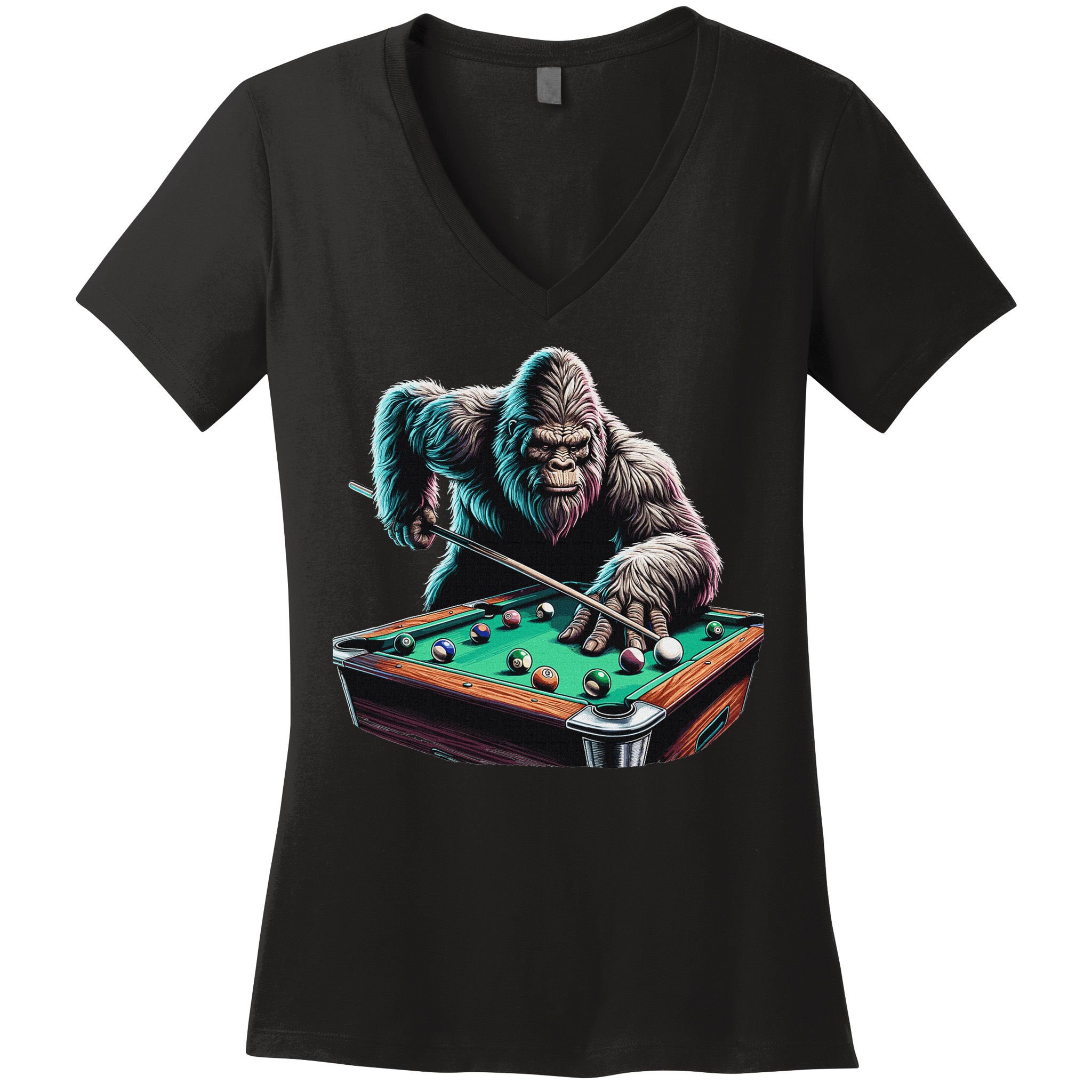Funny Bigfoot Sasquatch Billiards Pool Player Women's V-Neck T-Shirt