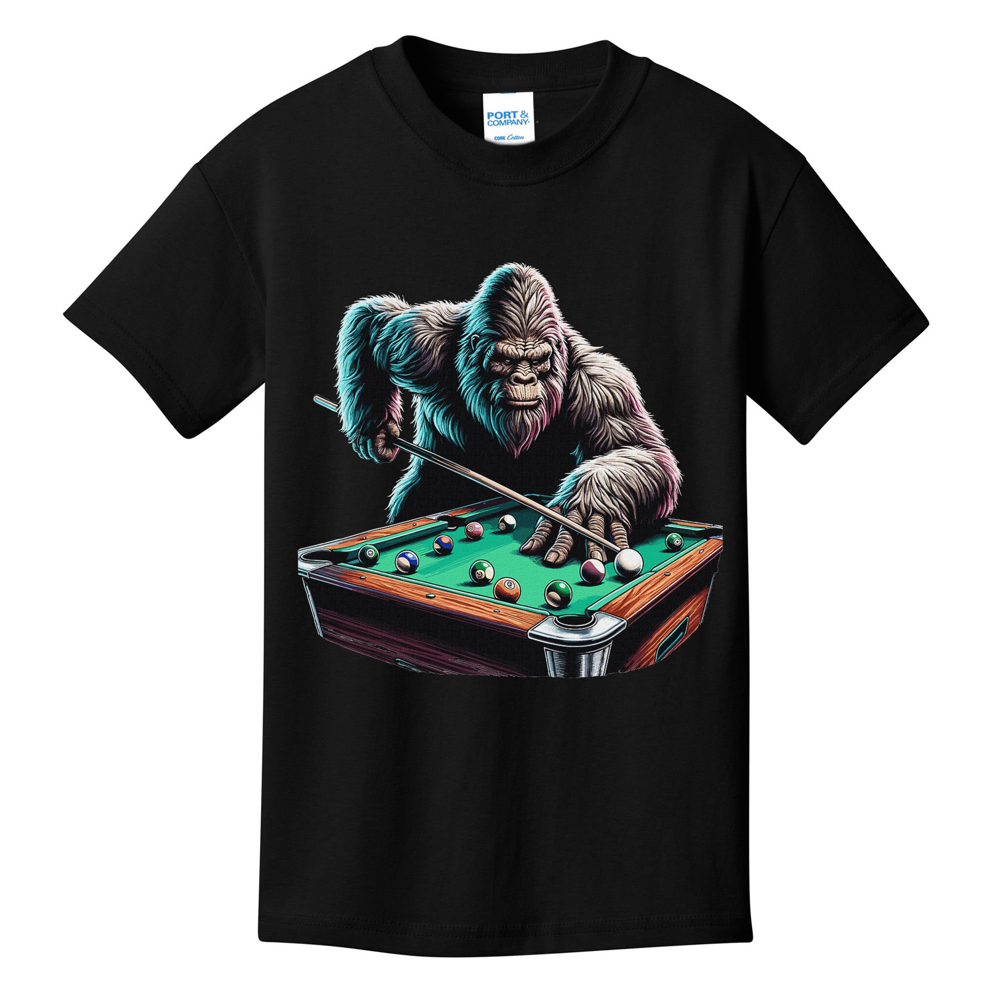 Funny Bigfoot Sasquatch Billiards Pool Player Kids T-Shirt