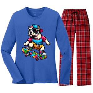 French Bulldog Skater Skateboarding Skateboard Skateboarder Cool Gift Women's Long Sleeve Flannel Pajama Set 