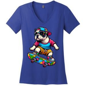 French Bulldog Skater Skateboarding Skateboard Skateboarder Cool Gift Women's V-Neck T-Shirt