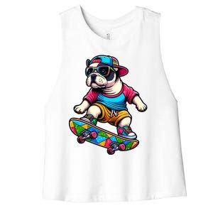 French Bulldog Skater Skateboarding Skateboard Skateboarder Cool Gift Women's Racerback Cropped Tank