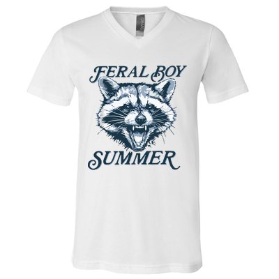 Feral Boy Summer Funny Raccoon Meme Trash Panda Raccoon V-Neck T-Shirt