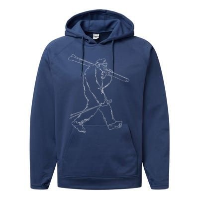 Funny Bigfoot Skiing Silhouette For Winter Ski Season Meaningful Gift Performance Fleece Hoodie