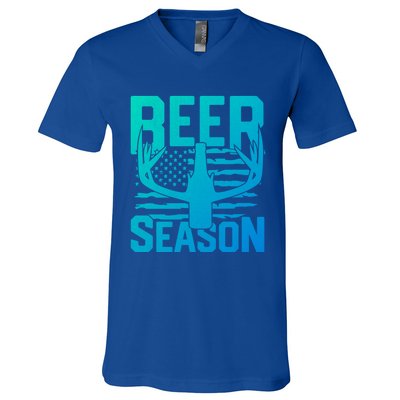 Funny Beer Season Deer Antlers American Flag Hunting Gift V-Neck T-Shirt