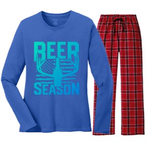 Funny Beer Season Deer Antlers American Flag Hunting Gift Women's Long Sleeve Flannel Pajama Set 