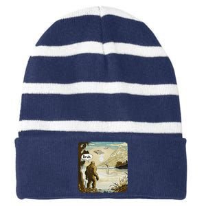 Funny Bigfoot Sasquatch Loch Ness Monster Introvert Bruh Striped Beanie with Solid Band