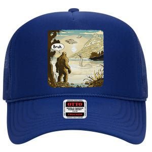 Funny Bigfoot Sasquatch Loch Ness Monster Introvert Bruh High Crown Mesh Back Trucker Hat