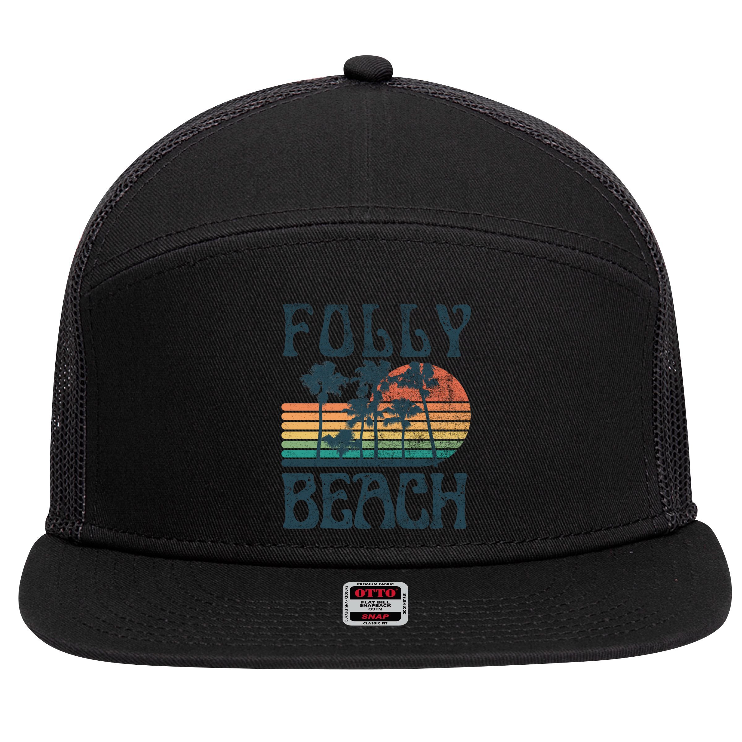 Folly Beach South Carolina Summer Vacation Vintage Cute Gift 7 Panel Mesh Trucker Snapback Hat
