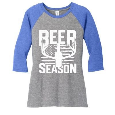 Funny Beer Season Deer Antlers American Flag Hunting Gift Women's Tri-Blend 3/4-Sleeve Raglan Shirt