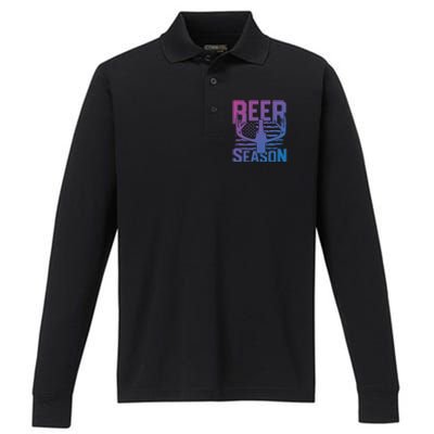 Funny Beer Season Deer Antlers American Flag Hunting Gift Performance Long Sleeve Polo