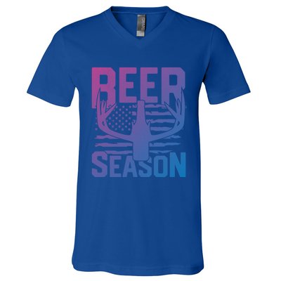 Funny Beer Season Deer Antlers American Flag Hunting Gift V-Neck T-Shirt