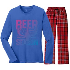 Funny Beer Season Deer Antlers American Flag Hunting Gift Women's Long Sleeve Flannel Pajama Set 