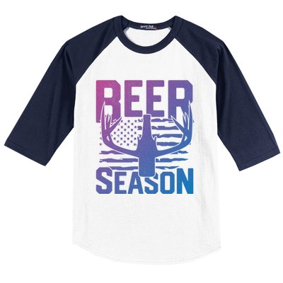 Funny Beer Season Deer Antlers American Flag Hunting Gift Baseball Sleeve Shirt