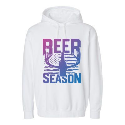 Funny Beer Season Deer Antlers American Flag Hunting Gift Garment-Dyed Fleece Hoodie