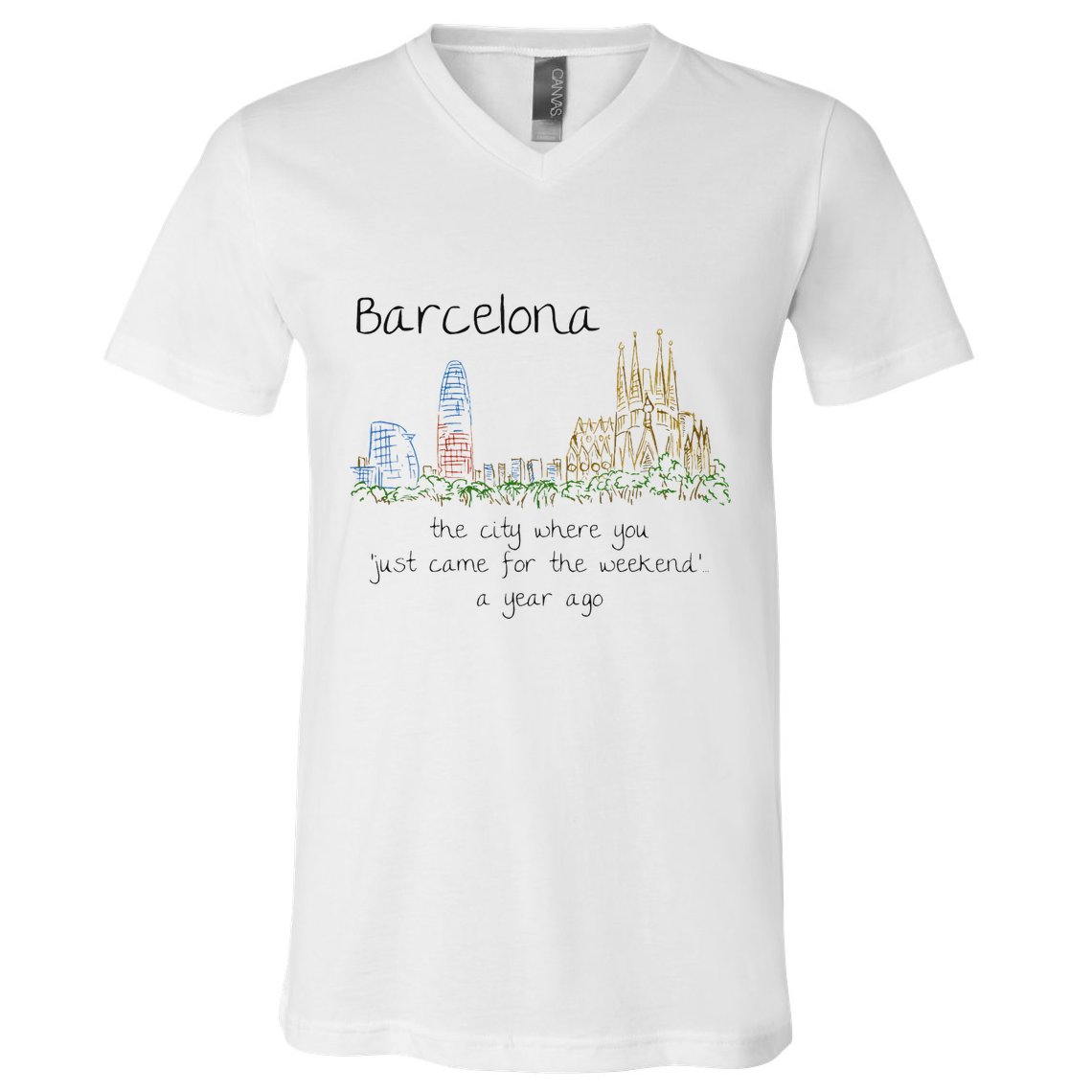 Funny Barcelona Spain Souvenir Hand Drawn Art Gift V-Neck T-Shirt