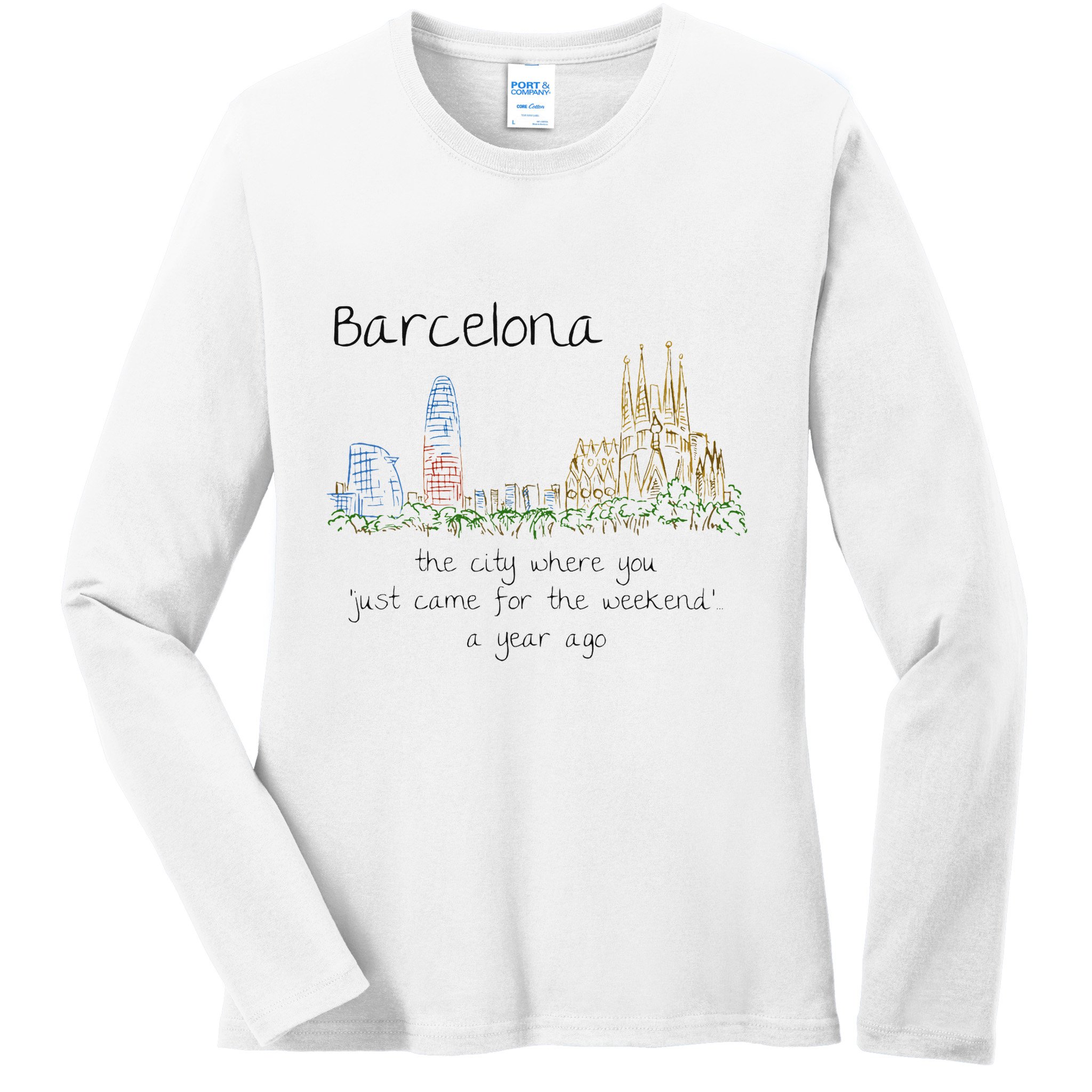 Funny Barcelona Spain Souvenir Hand Drawn Art Gift Ladies Long Sleeve Shirt