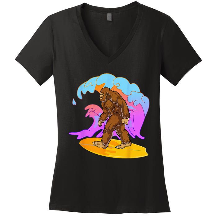 Funny BigFoot Surfing Cool Reto Vintage Sasquatch Lovers Women's V-Neck T-Shirt