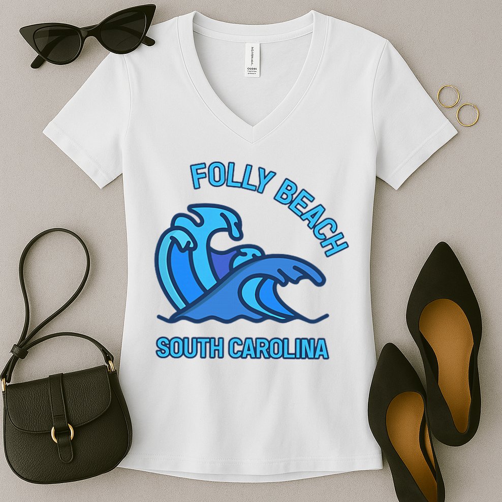 Folly Beach South Carolina Pocket Wave Souvenir Women's V-Neck T-Shirt