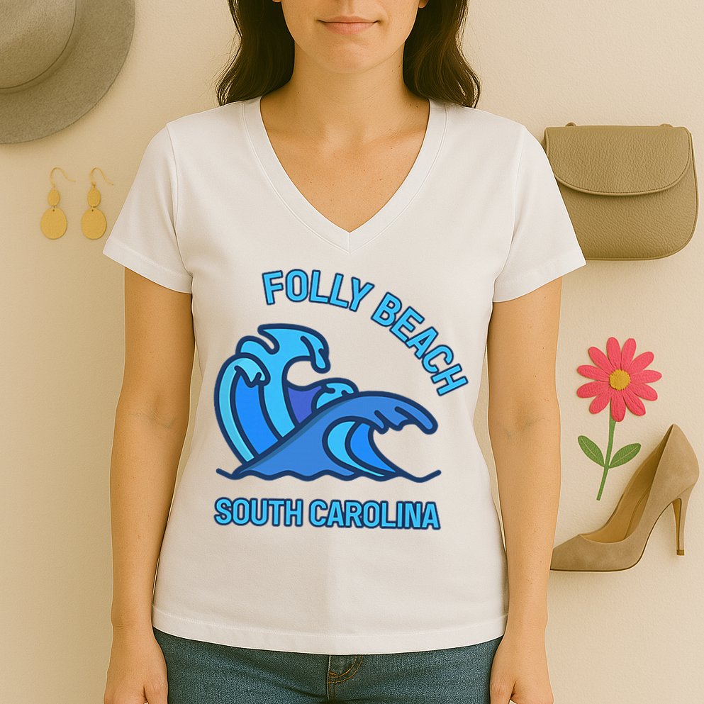 Folly Beach South Carolina Pocket Wave Souvenir Women's V-Neck T-Shirt
