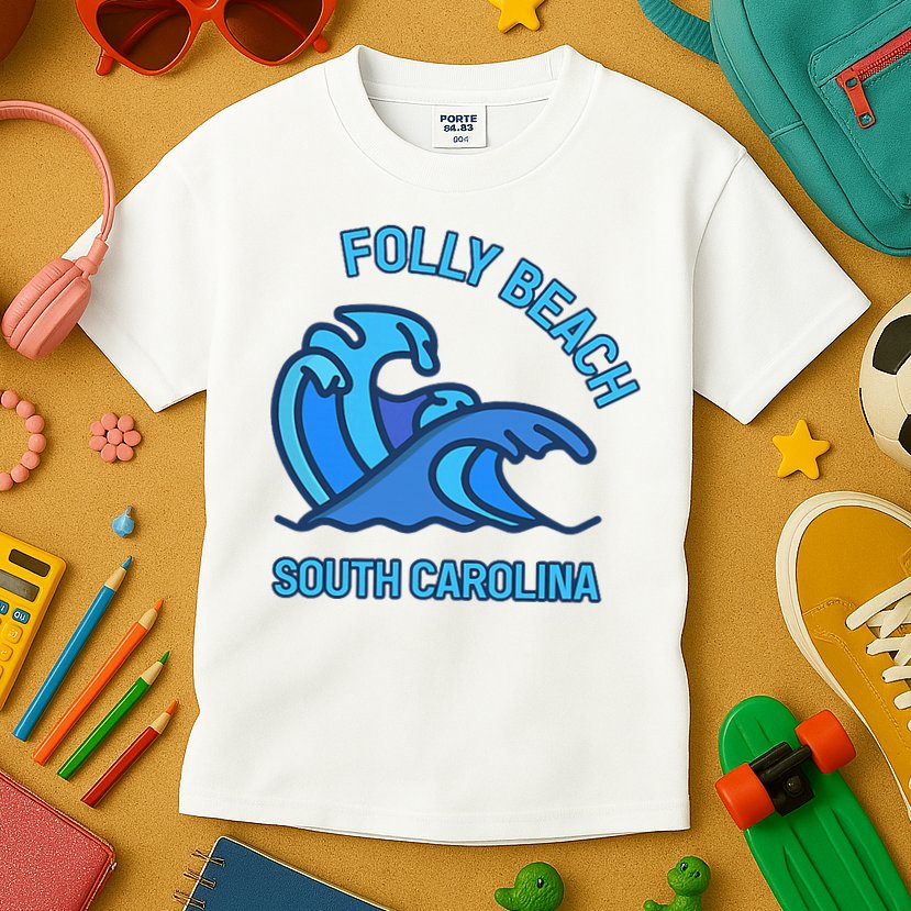 Folly Beach South Carolina Pocket Wave Souvenir Kids T-Shirt