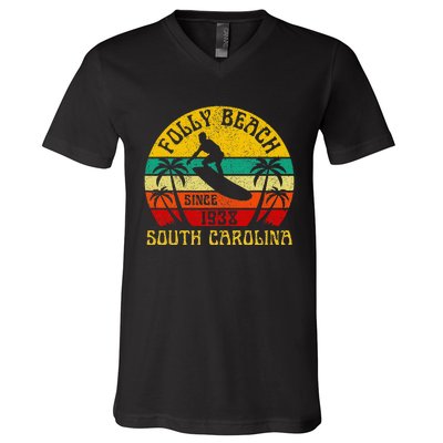 Folly Beach South Carolina Surfing Summer Vacation V-Neck T-Shirt