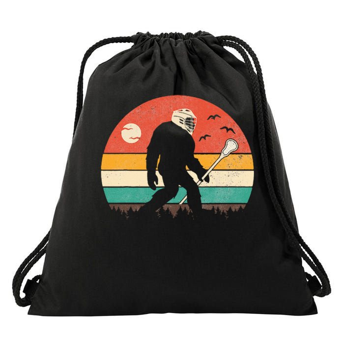 Funny Bigfoot Sasquatch Lacrosse Lax Vintage Sunset Drawstring Bag