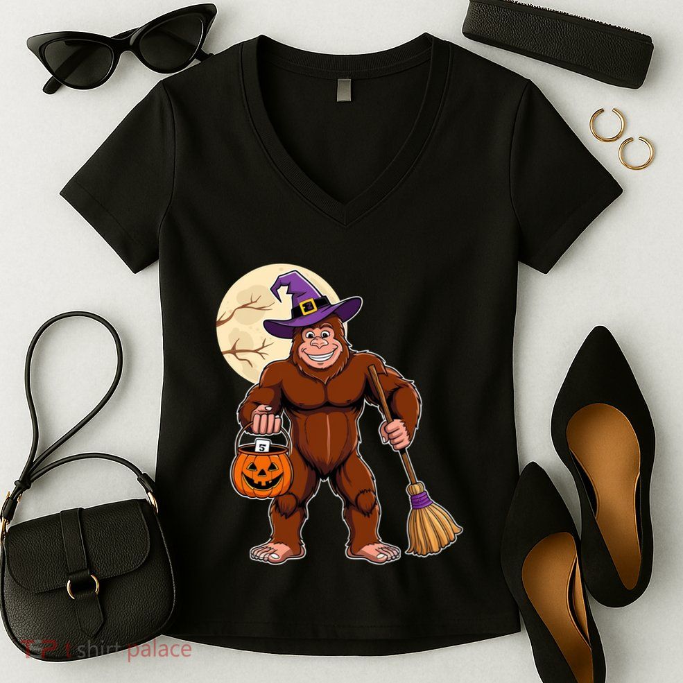 Funny Bigfoot Sasquatch Witch Halloween Costume Women's V-Neck T-Shirt
