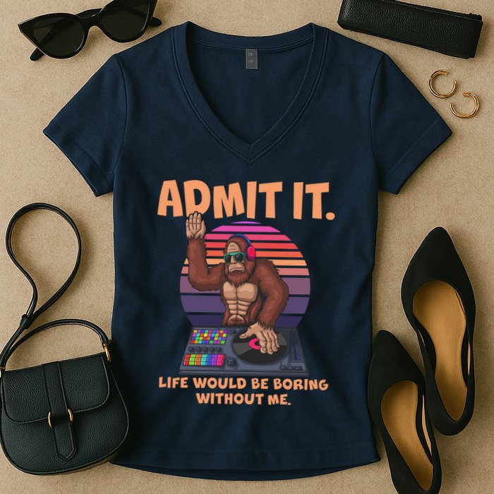 Funny Bigfoot Sasquatch Admit It Life Would Be Boring Without Me Women's V-Neck T-Shirt