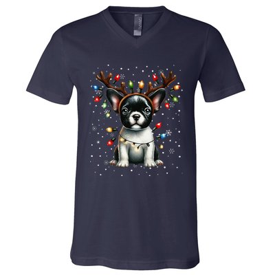 French Bulldog Santa Hat Christmas Pajamas V-Neck T-Shirt