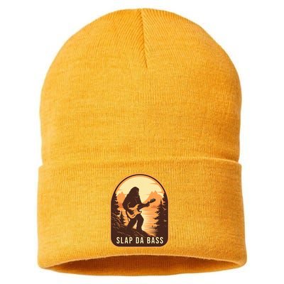 Funny Bigfoot Slap Da Bass Sasquatch Music Lover Bassist Sustainable Knit Beanie