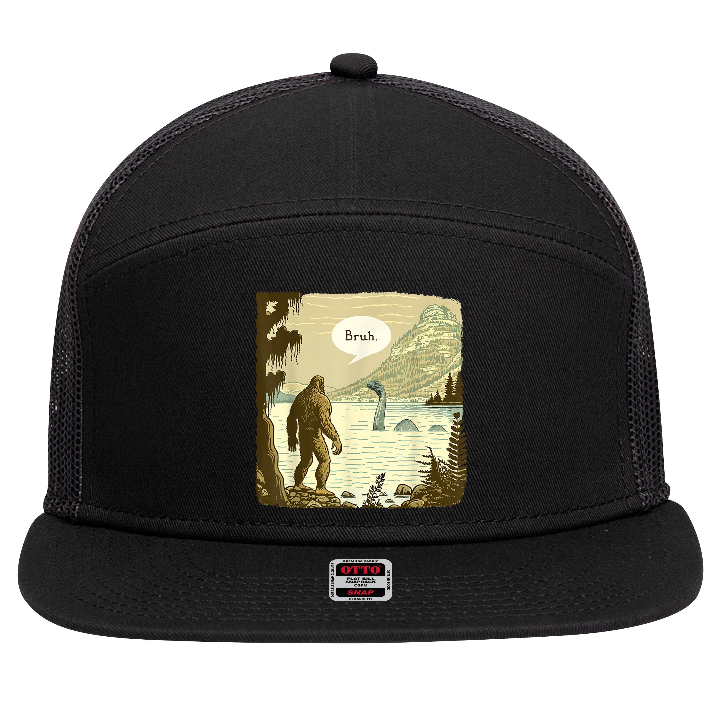 Funny Bigfoot Sasquatch Loch Ness Monster Introvert Bruh 7 Panel Mesh Trucker Snapback Hat