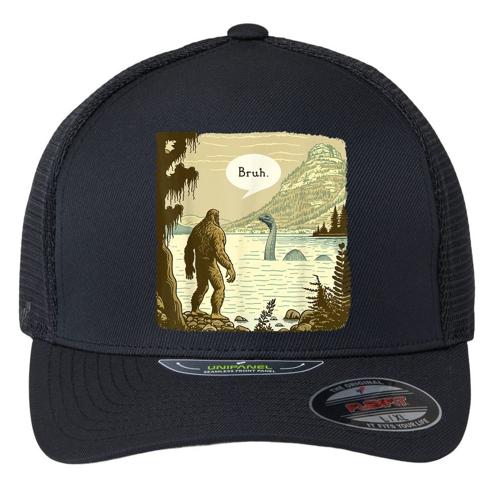 Funny Bigfoot Sasquatch Loch Ness Monster Introvert Bruh Flexfit Unipanel Trucker Cap