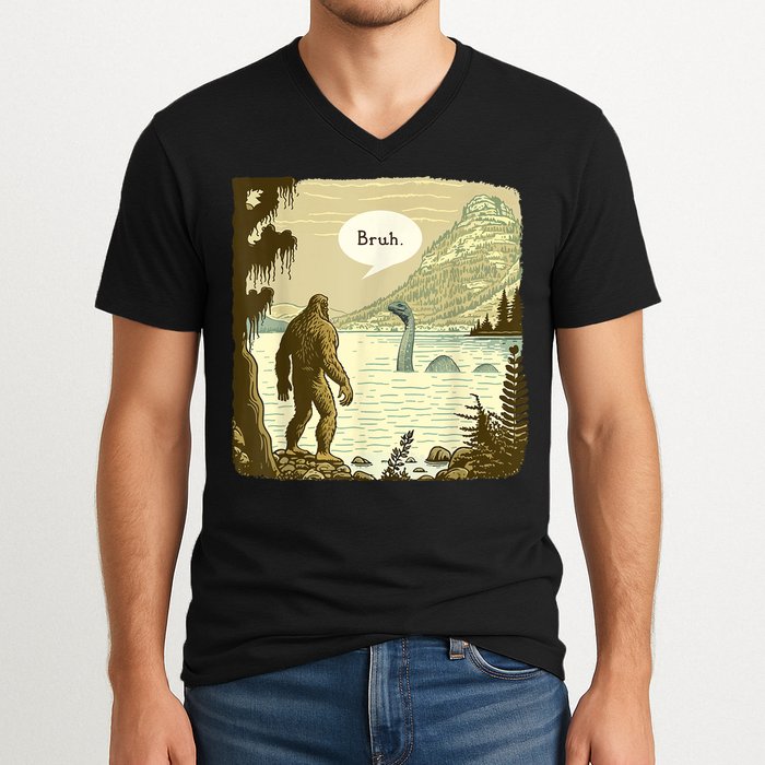 Funny Bigfoot Sasquatch Loch Ness Monster Introvert Bruh V-Neck T-Shirt