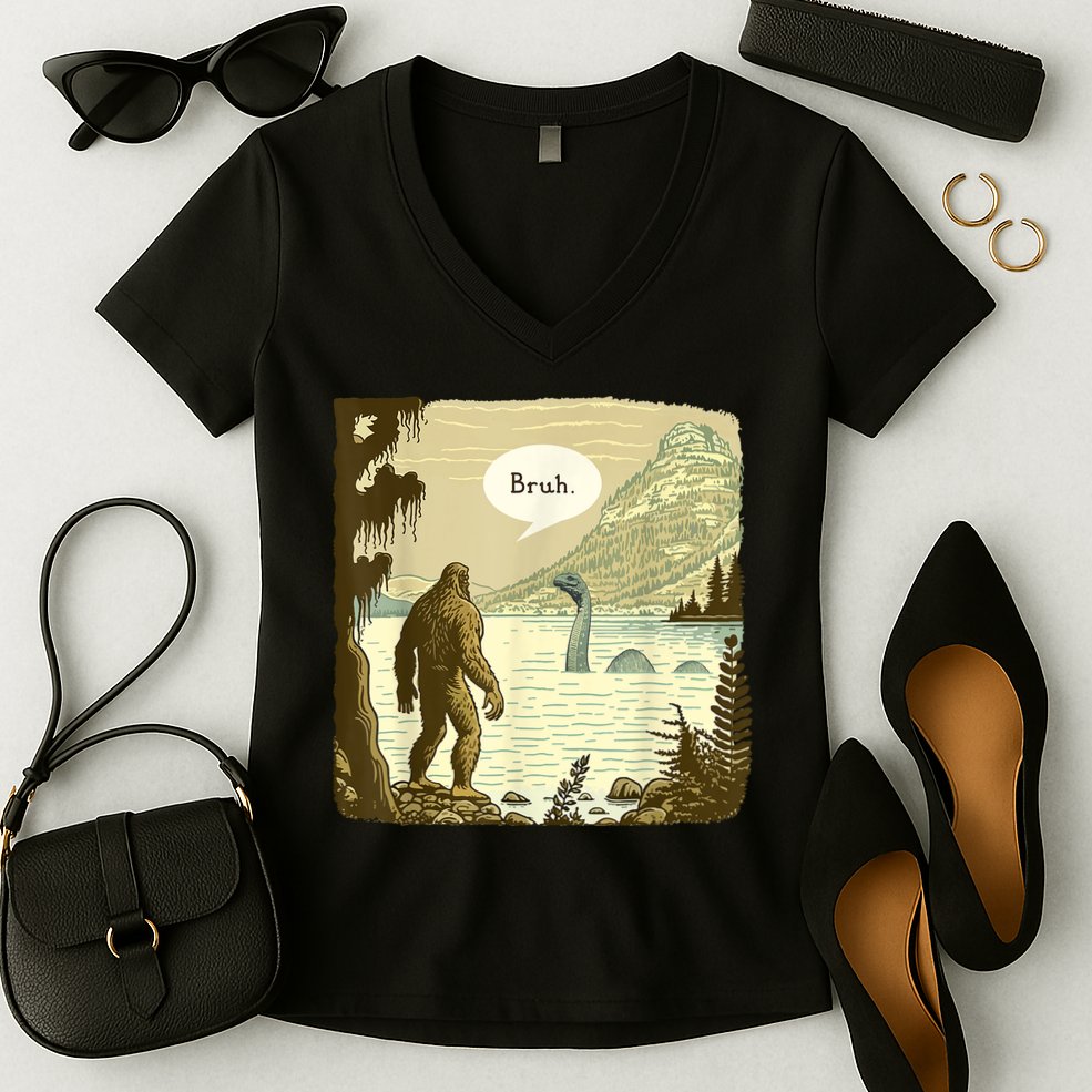 Funny Bigfoot Sasquatch Loch Ness Monster Introvert Bruh Women's V-Neck T-Shirt