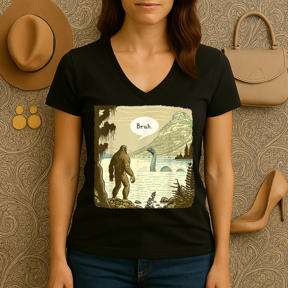 Funny Bigfoot Sasquatch Loch Ness Monster Introvert Bruh Women's V-Neck T-Shirt