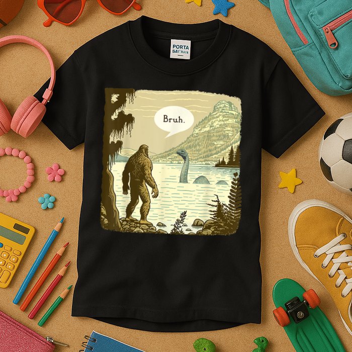 Funny Bigfoot Sasquatch Loch Ness Monster Introvert Bruh Kids T-Shirt